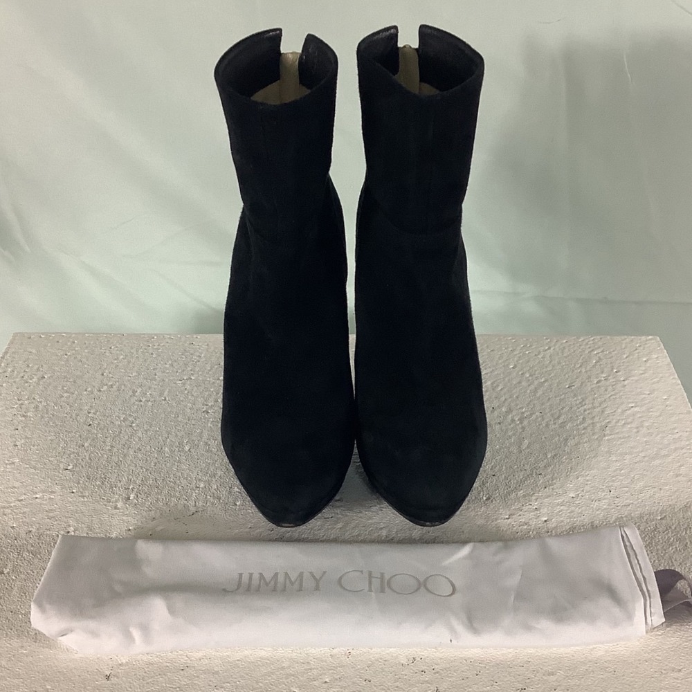 Jimmy Choo Black Suede Platform Ankle Boots Stiletto‎ Heel Gold Zip Italy 37.5